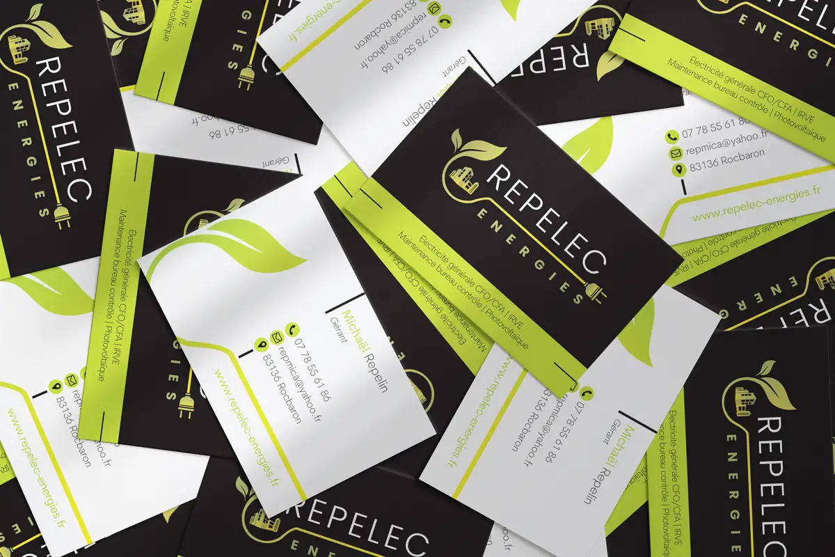 Carte de visite et flyer créés pour Repelec, entreprise d’électricité