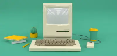 Simple mock up composition with old computer on green background