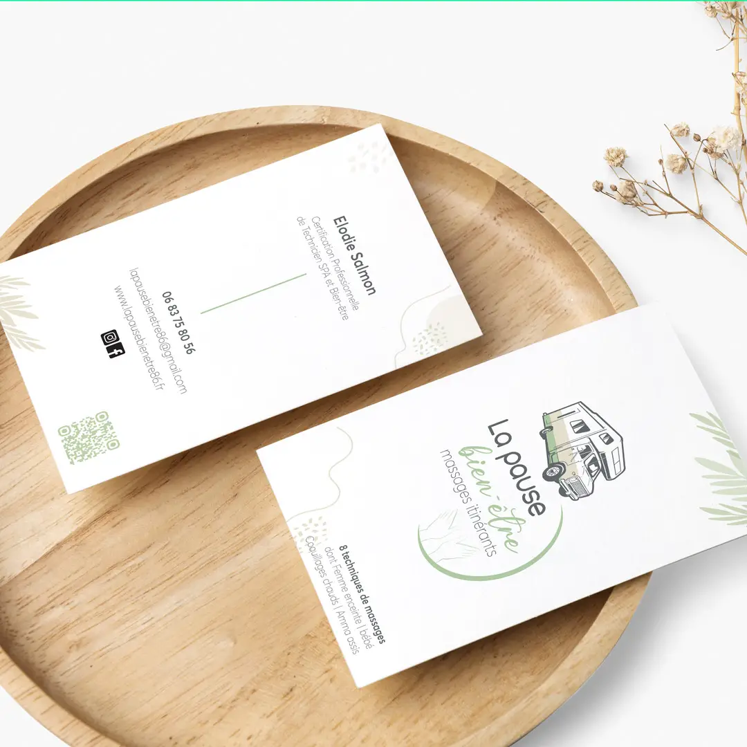 Identité visuelle et supports de communication créés pour La Pause Bien-Être, massages itinérants à Neuville