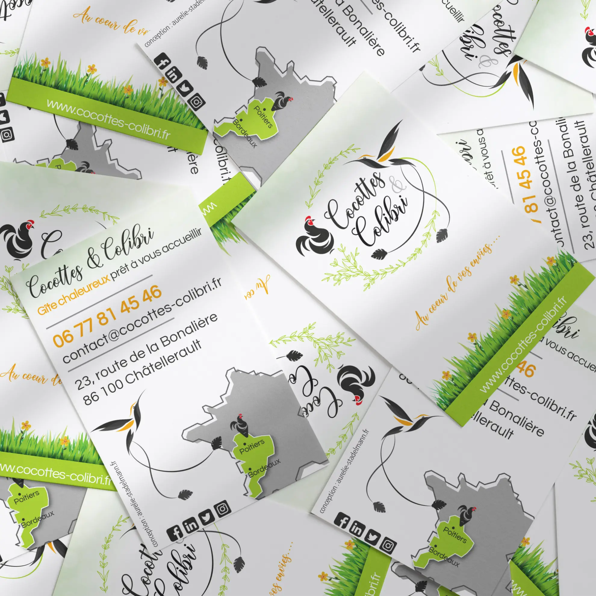 Supports de communication créés pour le gîte Cocottes & Colibri à Châtellerault