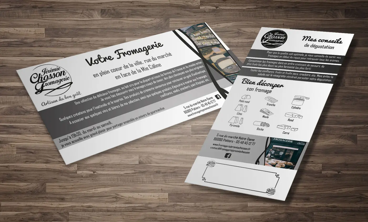Supports de communication créés pour la Fromagerie Jérémie Chosson : carte de visite, flyer et brochure